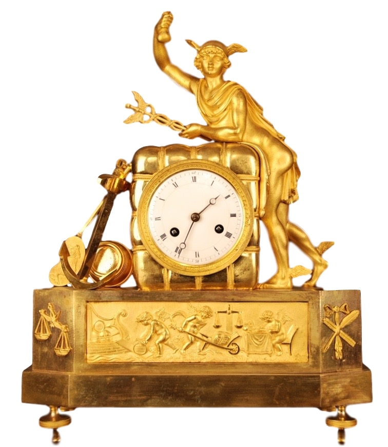 Very rare French gilt bronze mantel clock, member of the 'Au bon Sauvage' familie, with a gilt statue of 'Mercury/Hermes' Roman/Greek god of trades and thieves, further identical to 'Au Matelot'. Directoire, ca 1795.